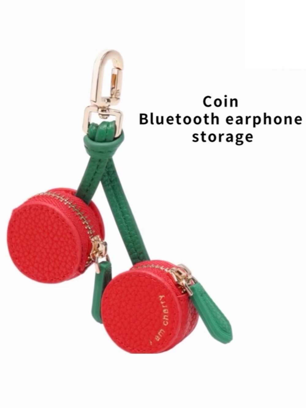 Red Coin Earbud Case Keychain with Green Strap - Portable Headphone Storage